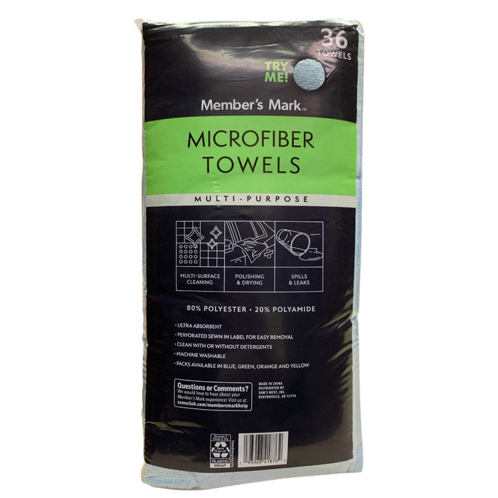 Member's Mark Microfiber Towels, 36 Count, 16in x 16in, Multi-Purpose Use, Blue
