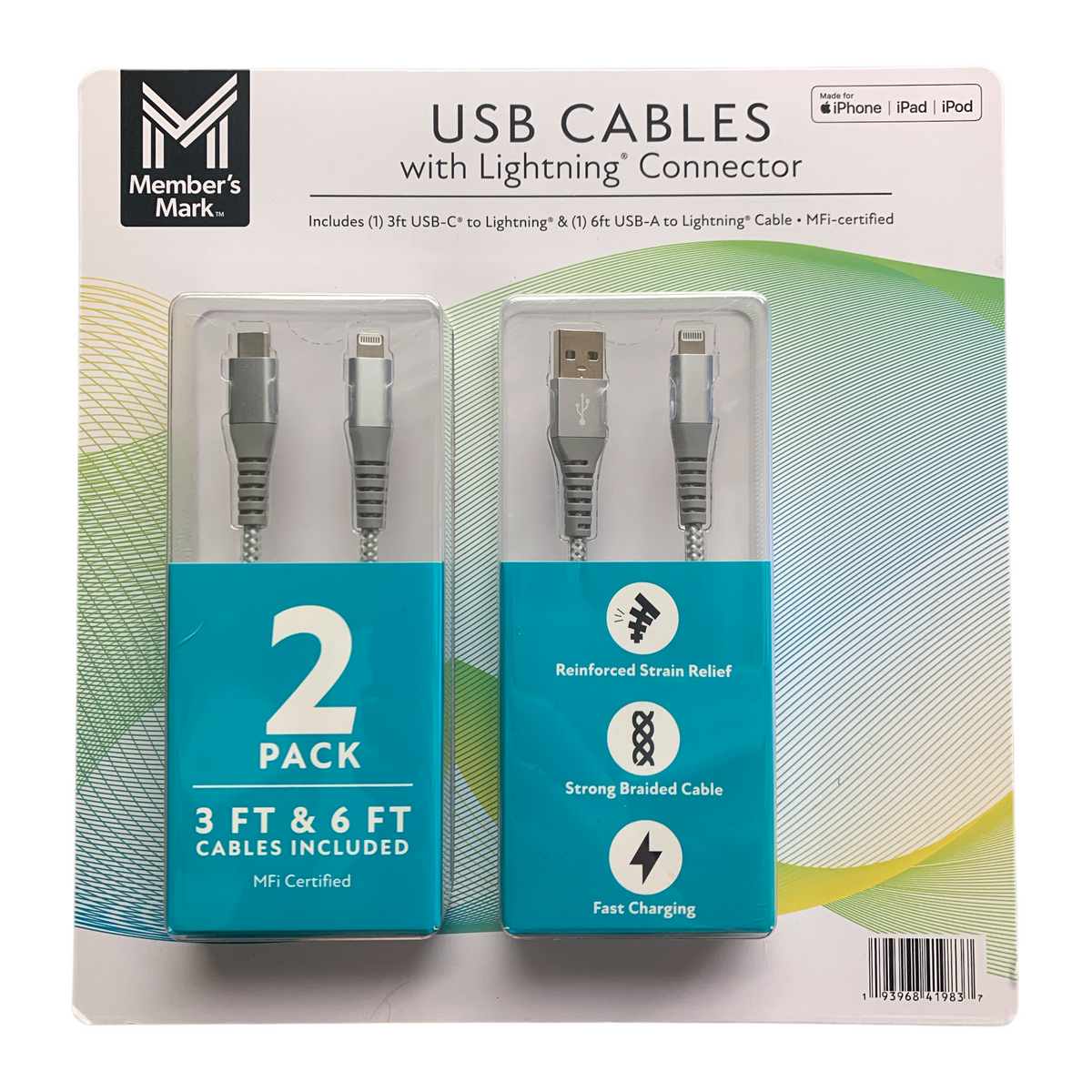 Member's Mark Apple USB-C & USB-A Braided Cables, 2-Pack, 3ft. & 6ft ...