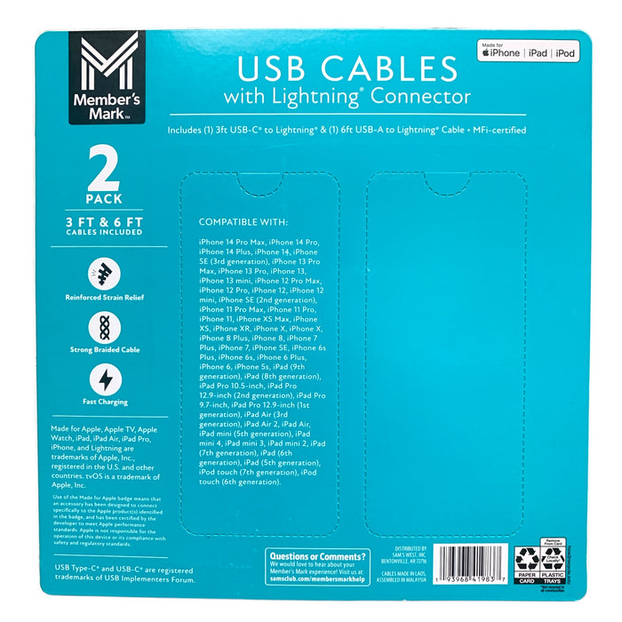 Member's Mark Apple USB-C & USB-A Braided Cables, 2-Pack, 3ft. & 6ft.
