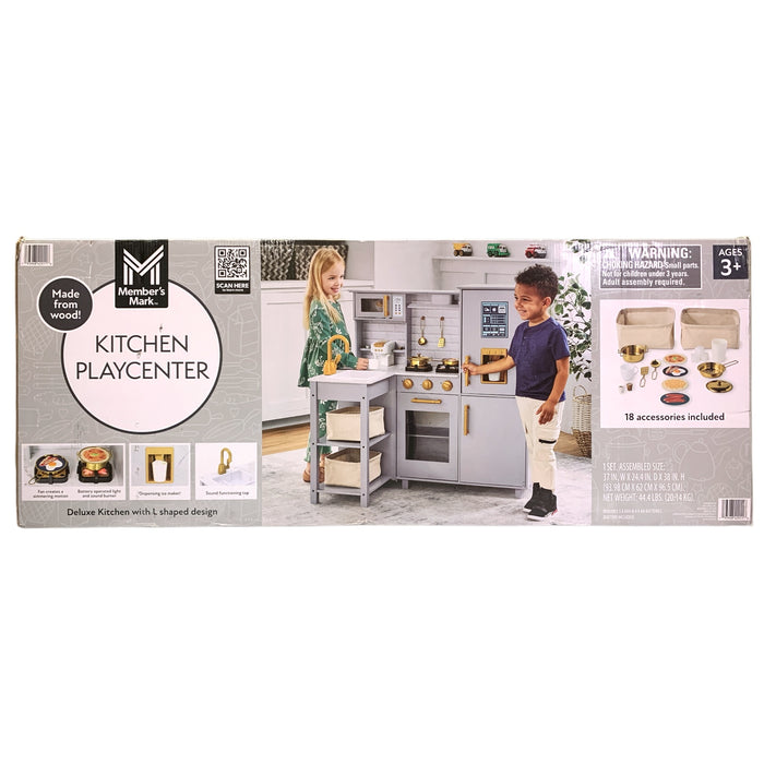 Member's Mark Wooden Kitchen Playcenter for Kids, Includes 18 Accessories, Grey