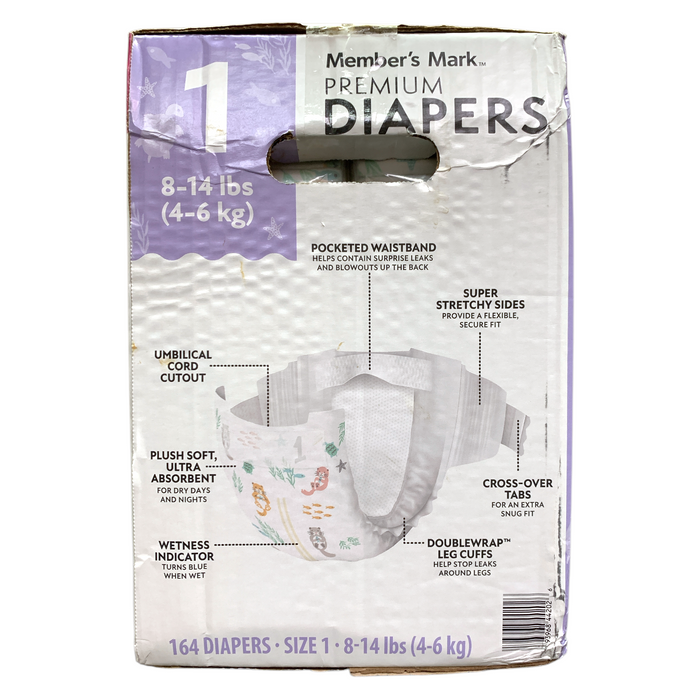 Member's Mark Premium Diapers, Hypoallergenic, Size 1 (8-14lbs.), 164 Count.