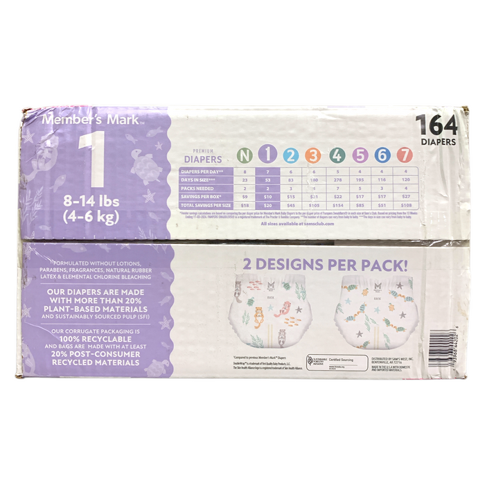 Member's Mark Premium Diapers, Hypoallergenic, Size 1 (8-14lbs.), 164 Count.