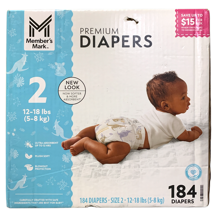 Member's Mark Premium Diapers, Hypoallergenic, Size 2 (12-18lbs.), 184 Count.