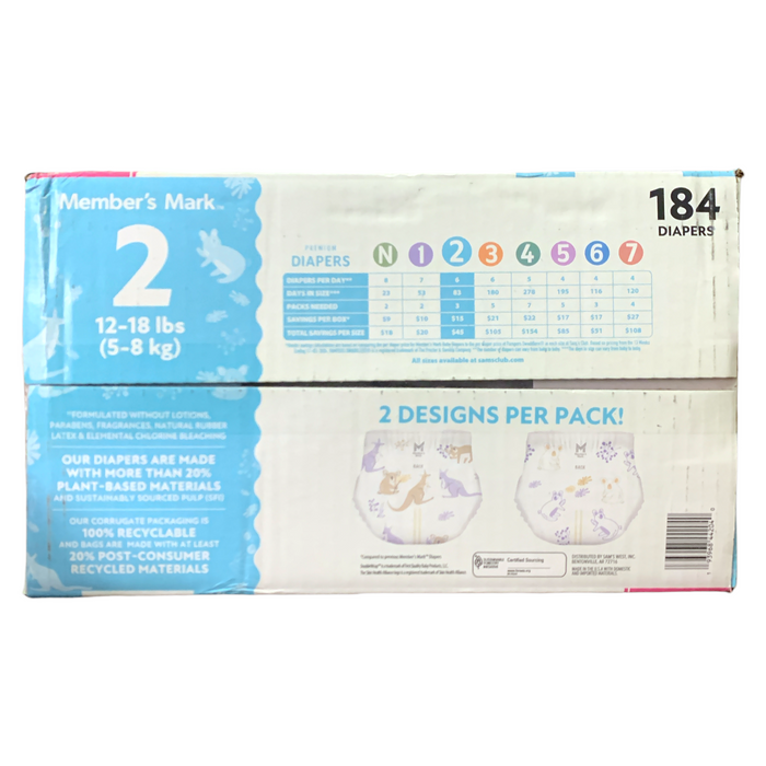 Member's Mark Premium Diapers, Hypoallergenic, Size 2 (12-18lbs.), 184 Count.