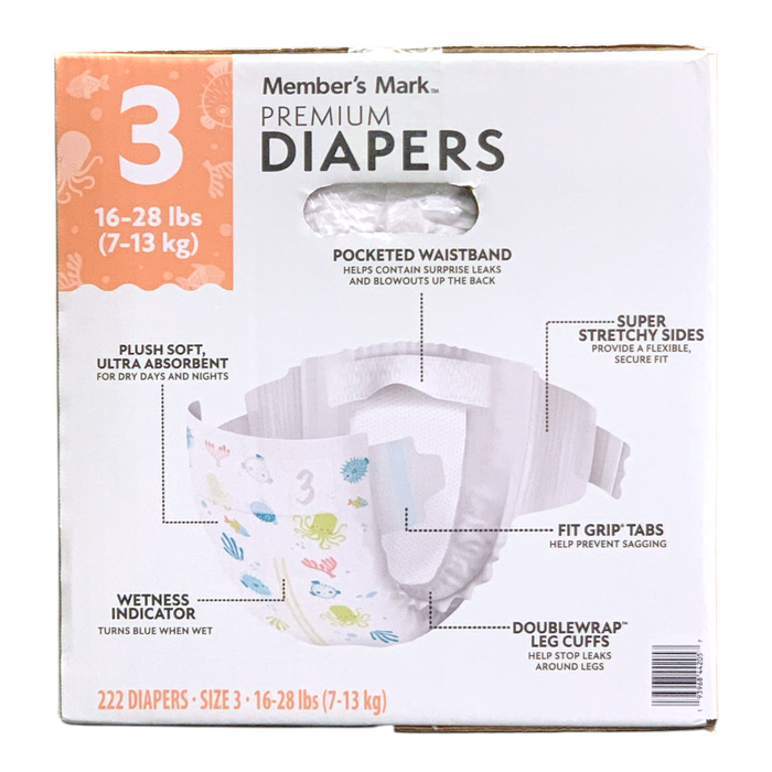 Member's Mark Premium Diapers, Hypoallergenic, Size 3 (16-28lbs.), 222 Count.