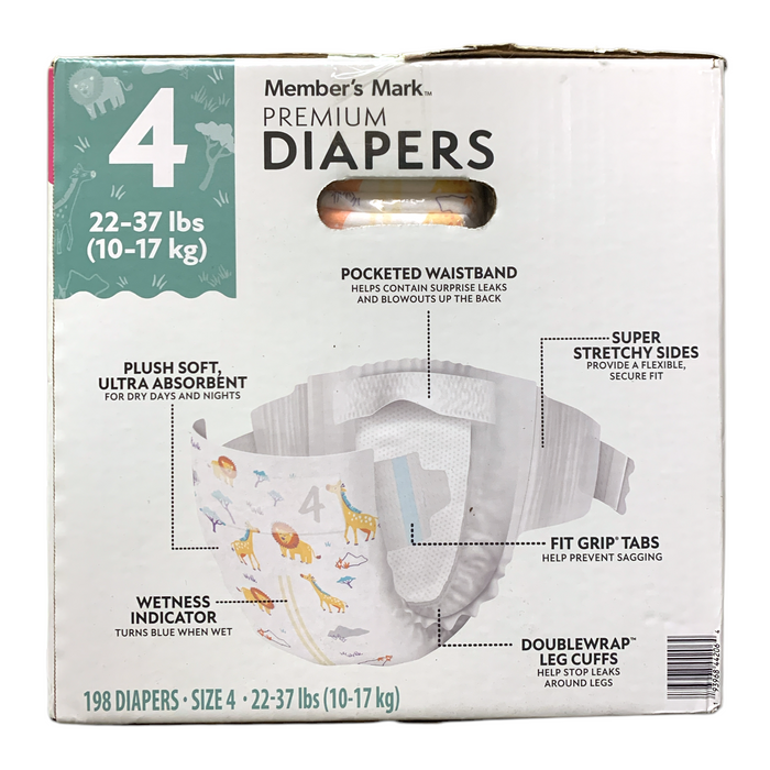 Member's Mark Premium Diapers, Hypoallergenic, Size 4 (22-37lbs.), 198 Count.