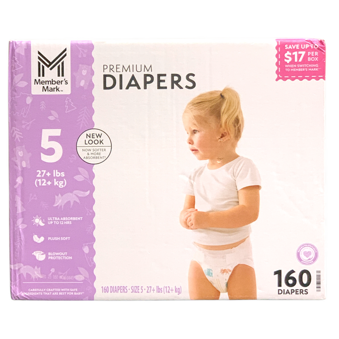 Member's Mark Premium Diapers, Hypoallergenic, Size 5 (27+lbs.), 160 Count