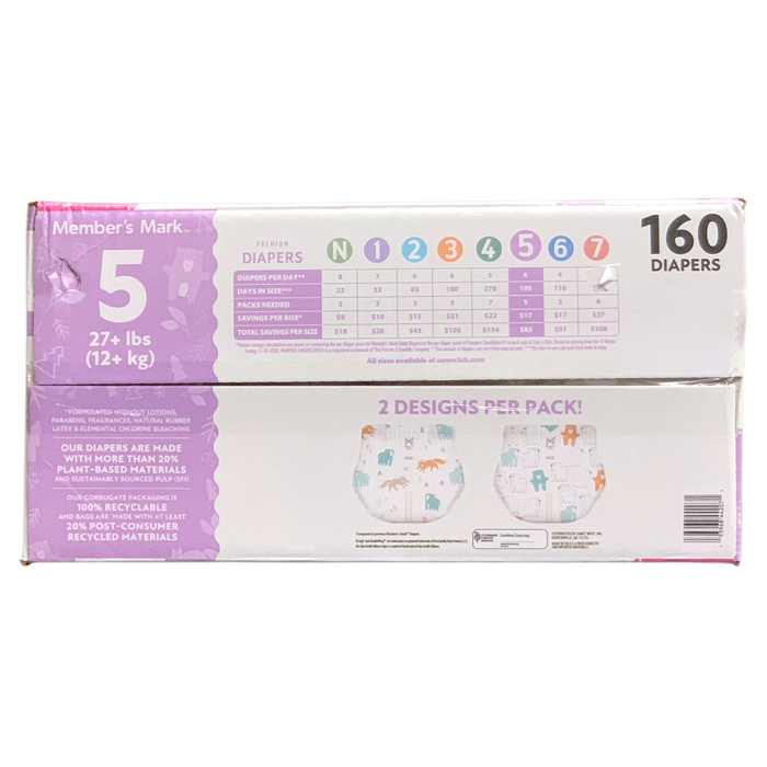 Member's Mark Premium Diapers, Hypoallergenic, Size 5 (27+lbs.), 160 Count