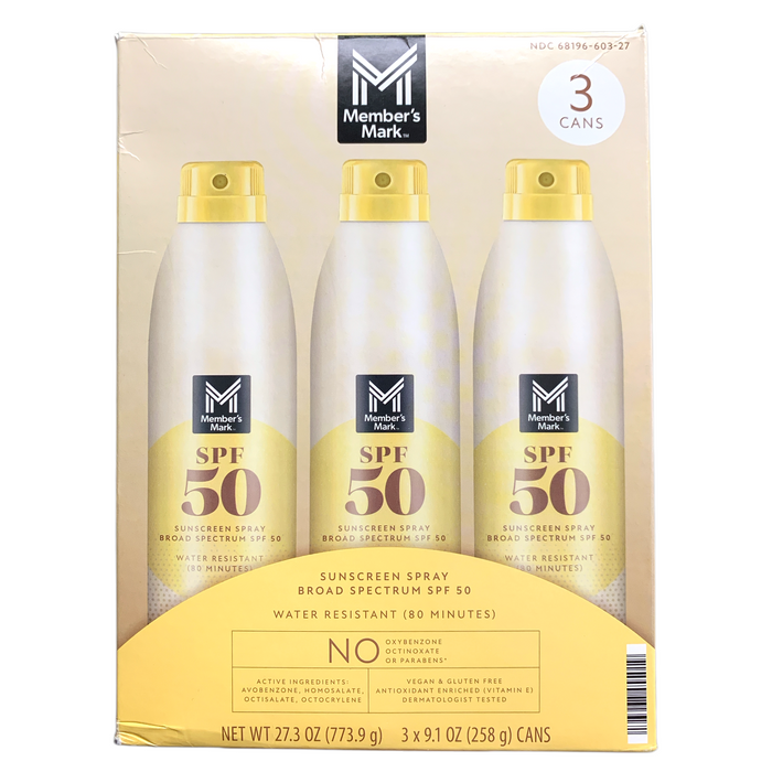 Member's Mark Water Resistant Broad Spectrum Sunscreen Spray, SPF 50, 9.1oz, 3pk