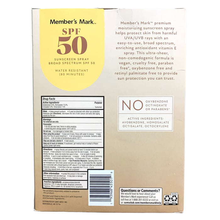 Member's Mark Water Resistant Broad Spectrum Sunscreen Spray, SPF 50, 9.1oz, 3pk