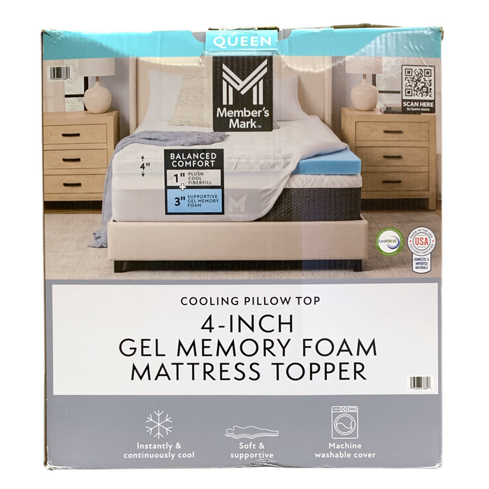 Member's Mark 4-Inch Cooling Pillow-Top Gel Memory Foam Mattress Topper, Queen