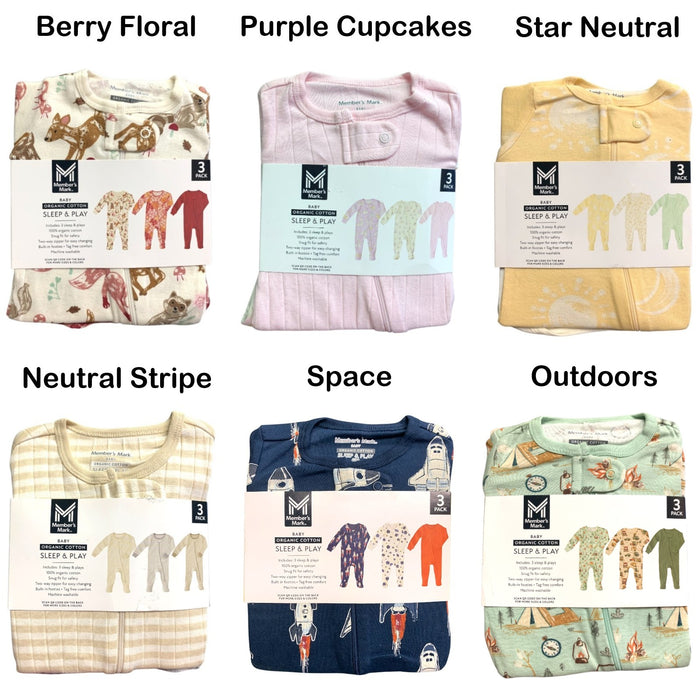 Member's Mark Organic Cotton Sleep and Play 3 Pack, Snug Fit with Footies