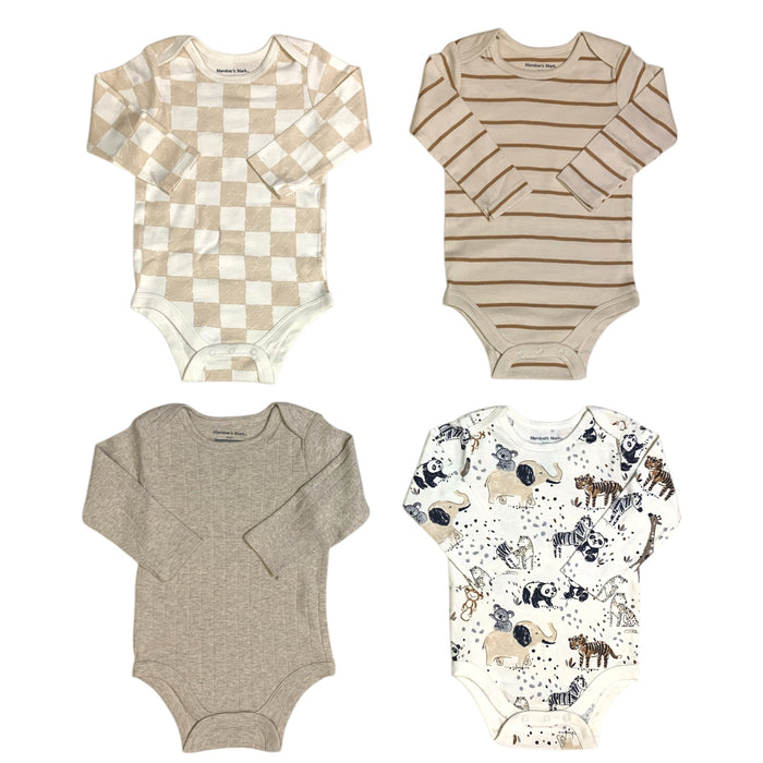 Member's Mark Baby Boys  Organic Cotton Bodysuits, 4 Pack, Long Sleeve