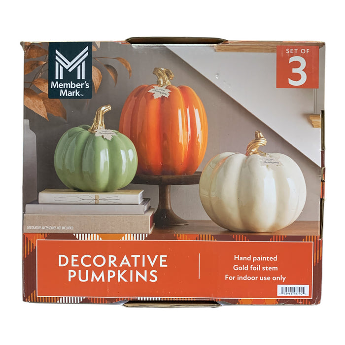 Member's Mark Decorative Pumpkins, Set of 3, Hand Painted with Gold Foil Stem