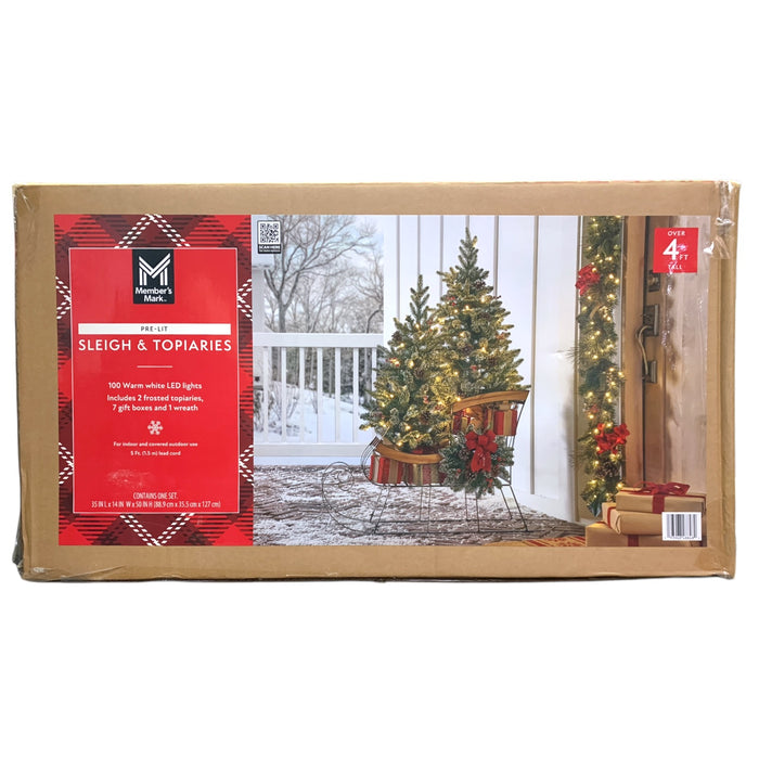 Member's Mark Pre-Lit Sleigh & Topiaries, Topiaries, Gift Boxes, and Wreath