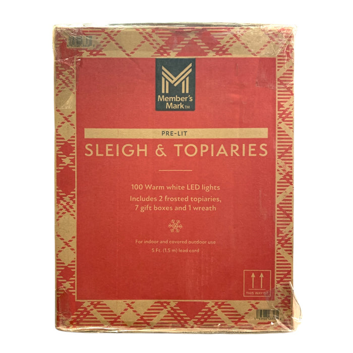 Member's Mark Pre-Lit Sleigh & Topiaries, Topiaries, Gift Boxes, and Wreath