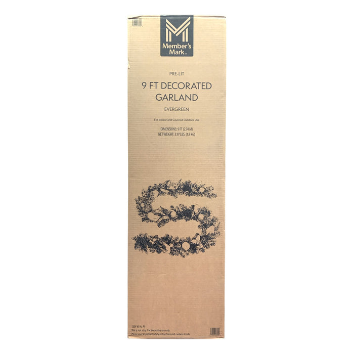 Member's Mark Pre-Lit 9 Foot Decorated Garland, Evergreen, Warm White LEDs