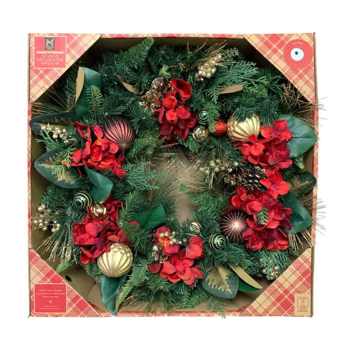 Member's Mark Pre-Lit 32 Inch Decorated Wreath, 70 Warm White LED Lights (Red)