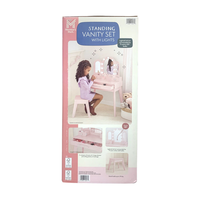 Member's Mark Vanity Set with Lights & Stool, Three Panel Mirror, 9 LED Lights