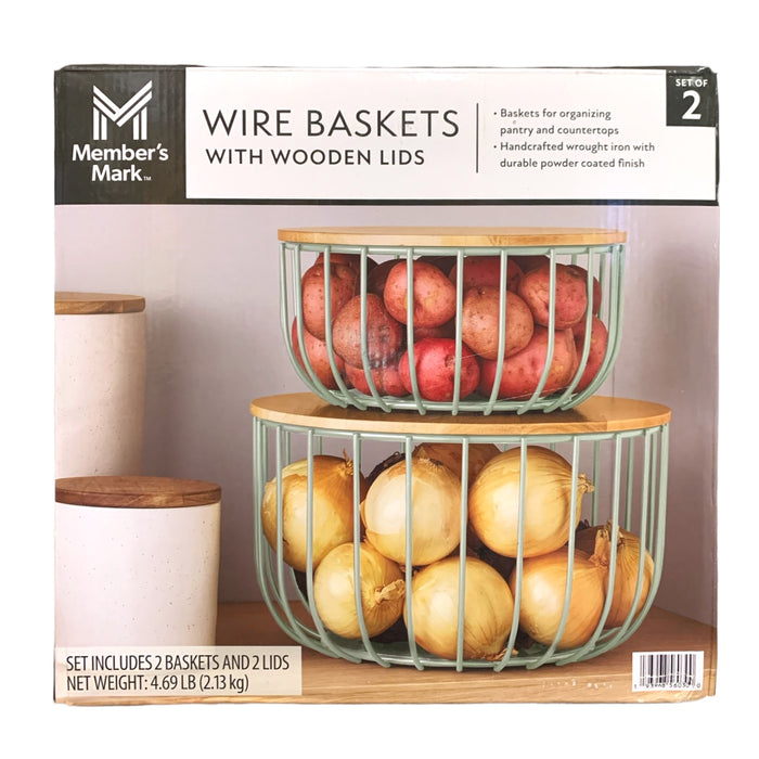 Member's Mark Wire Baskets with Wooden Lids, Set of 2