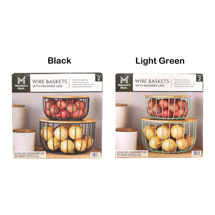 Member's Mark Wire Baskets with Wooden Lids, Set of 2