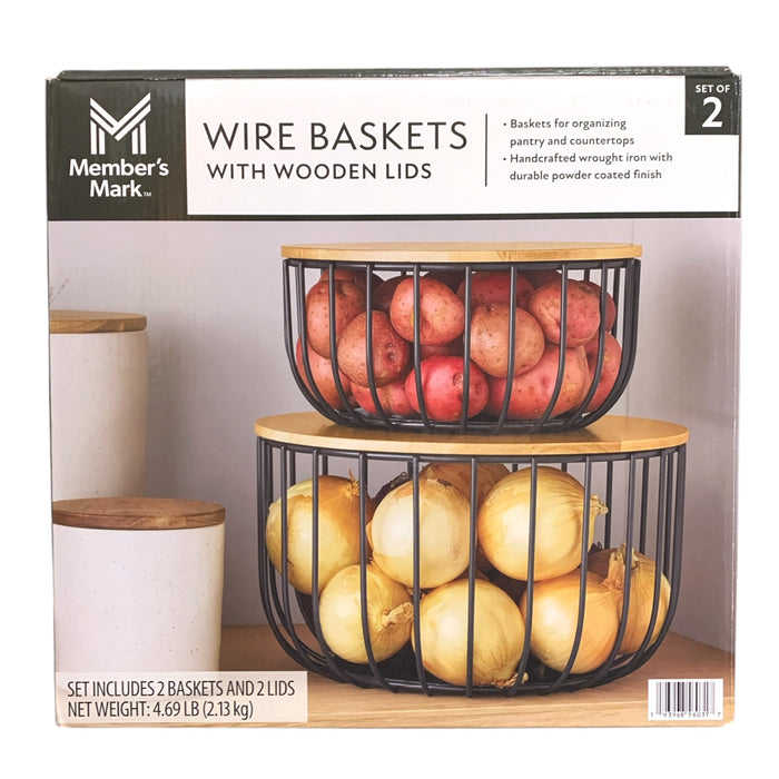 Member's Mark Wire Baskets with Wooden Lids, Set of 2