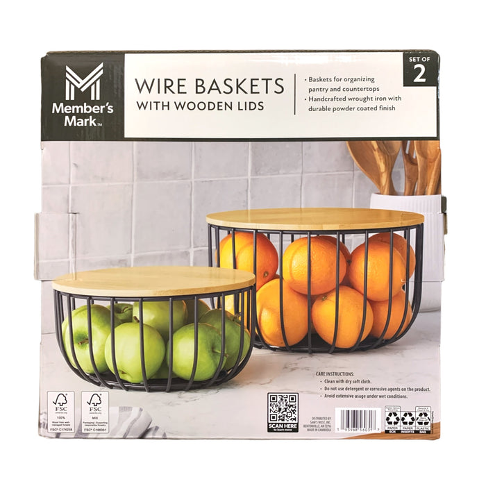 Member's Mark Wire Baskets with Wooden Lids, Set of 2