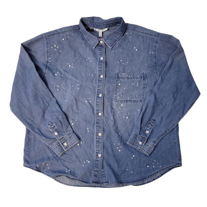 Seven Ladies Long Sleeve Collared  Button Up Denim Shirt, MY7471