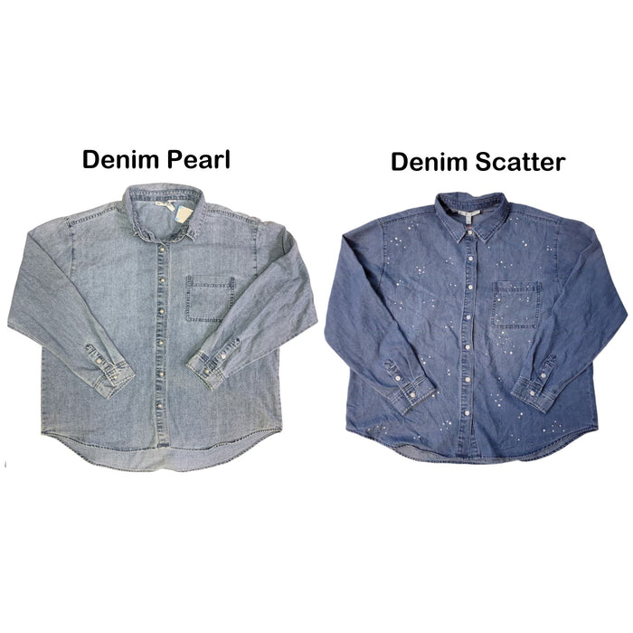 Seven Ladies Long Sleeve Collared  Button Up Denim Shirt, MY7471