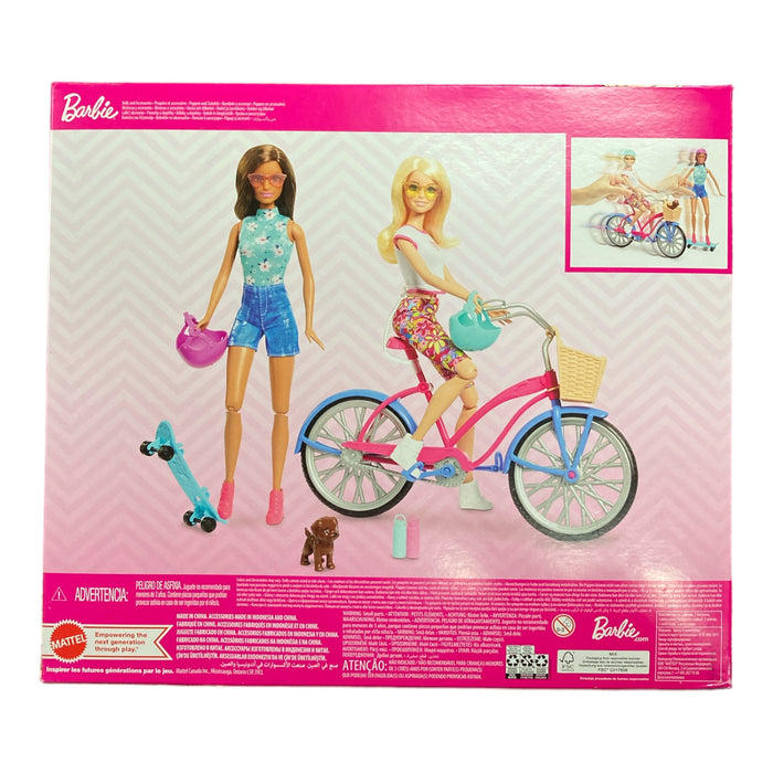 Barbie Outdoor Playset 2 Dolls - Blonde, Brunette with Bike & Puppy (Summer)