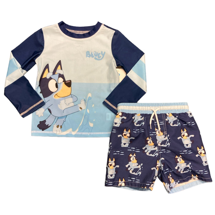 Bluey Boy's 2 Piece UPF+ 50 Long Sleeve Rash Guard and Swim Trunk Set