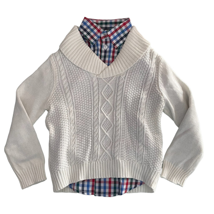 IZOD Boy's 2 Piece Cable Knit Sweater with Multi Color Button Up Shirt Set