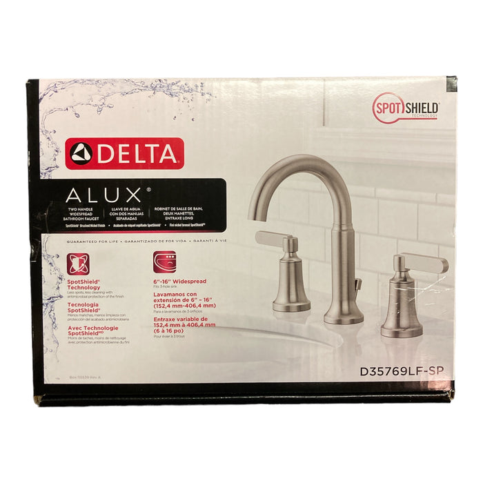 Delta Alux Two Handle Widespread Spotshield Brushed Nickel Faucet