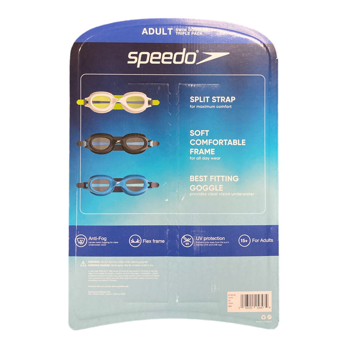 Speedo Adult Swim Goggles, Anti-fog, Flexible, UV Protection (3 Pack)