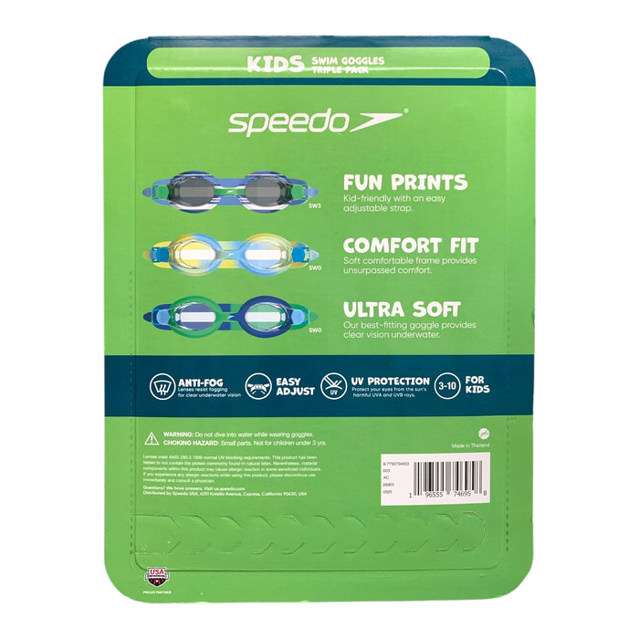 Speedo Kids Swim Goggles Triple Pack For Kids Ages 3 - 10 (Green/Blue/Yellow)