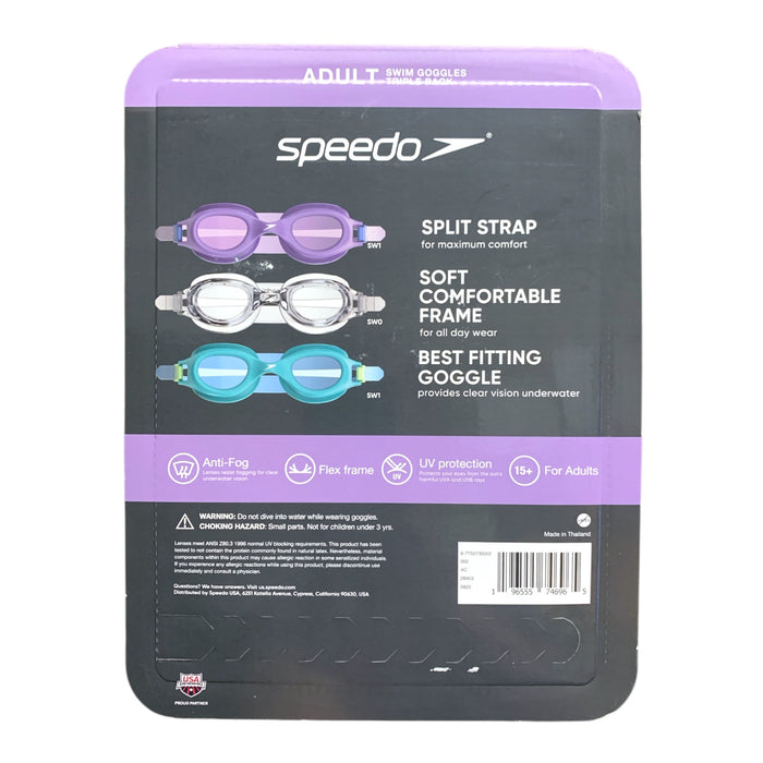 Speedo Adults Swim Goggle Triple Pack - Purple, Clear, Blue