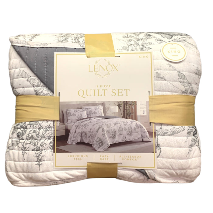 Lenox 3-Piece Polyester Holiday Patterened Quilt Set, King, Winter Scene Gray