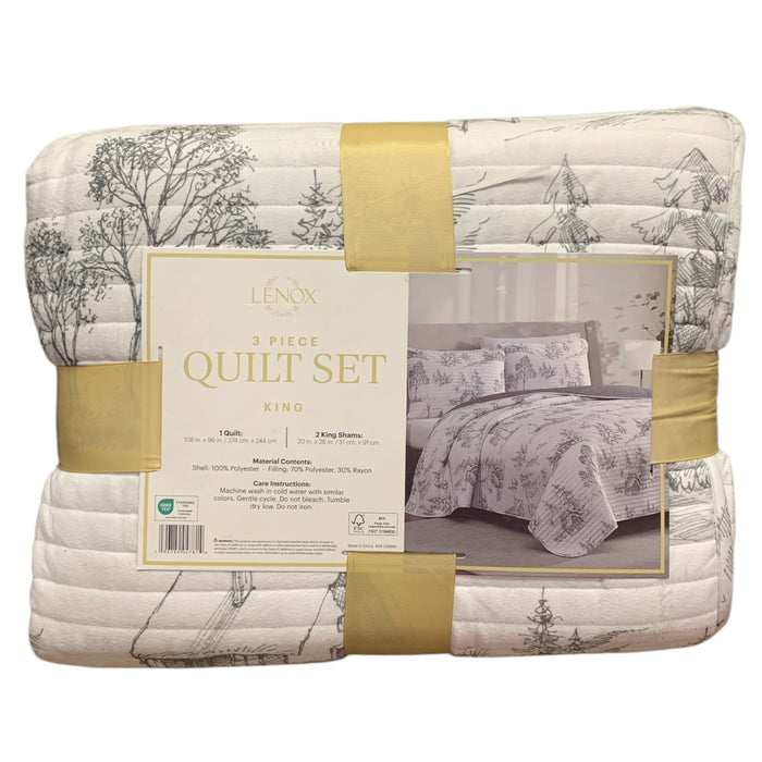 Lenox 3-Piece Polyester Holiday Patterened Quilt Set, King, Winter Scene Gray