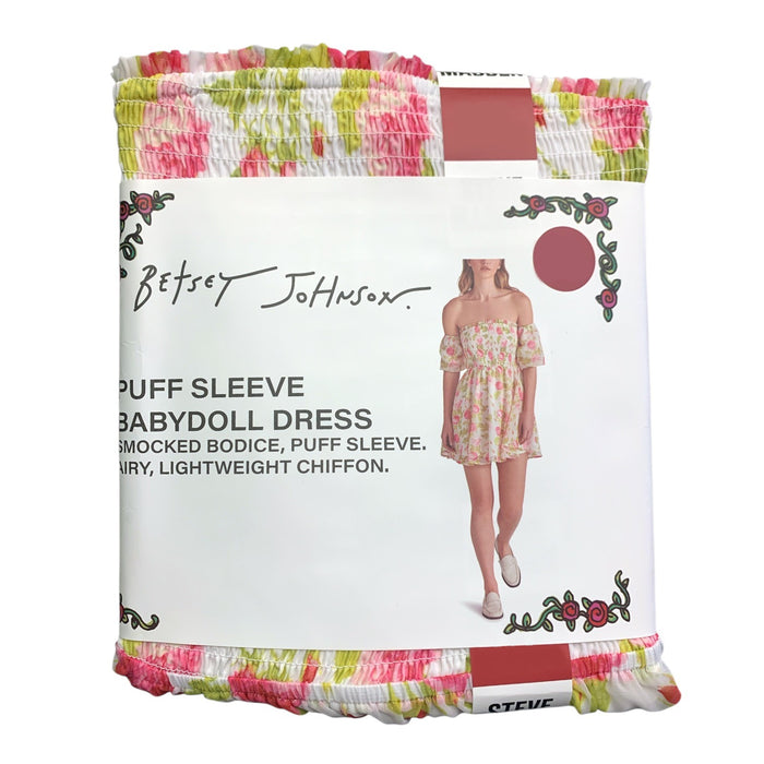 Betsey Johnson Puff Sleeve Babydoll Dress, Smocked Bodice, Lightweight Chiffon