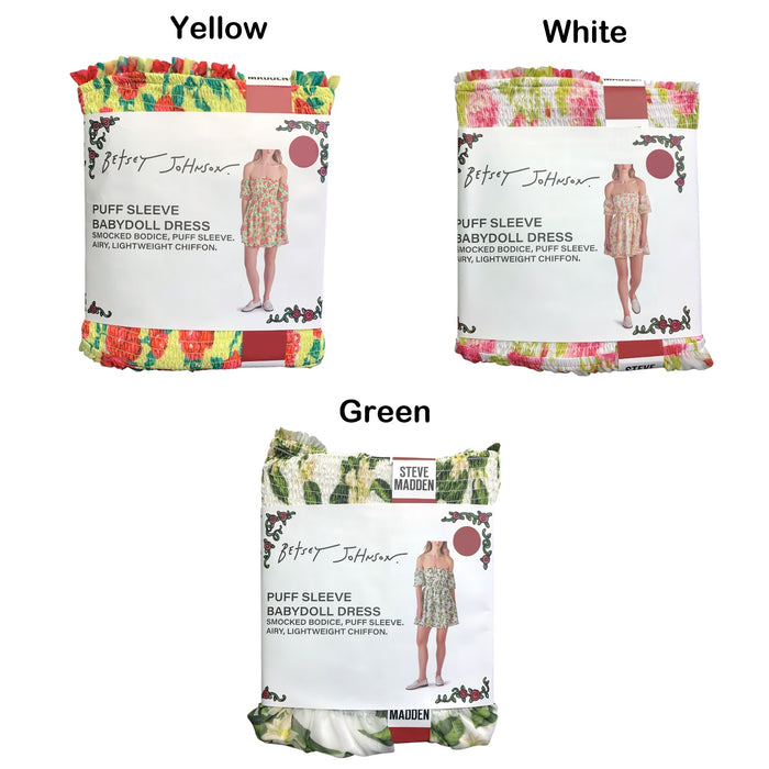 Betsey Johnson Puff Sleeve Babydoll Dress, Smocked Bodice, Lightweight Chiffon