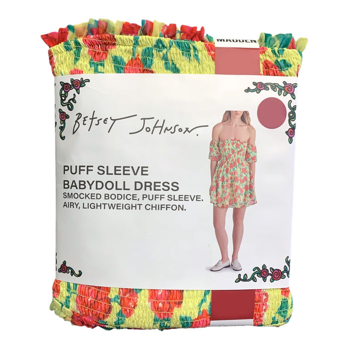Betsey Johnson Puff Sleeve Babydoll Dress, Smocked Bodice, Lightweight Chiffon