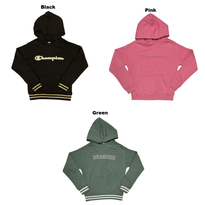 Champion Girls Logo Fleece Hoodie with Kangaroo Pocket, Ribbed Cuffs and Hem