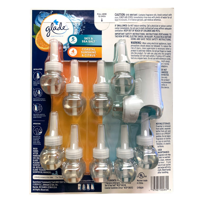 Glade plugIns Sky & Sea Salt/Coastal Sunshine & Citrus Refills (9) & Warmer (1)