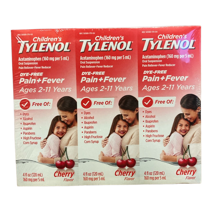 Children's Tylenol Oral Suspension, Cherry, 160mg per 5mL (4 oz, 3 Pack)