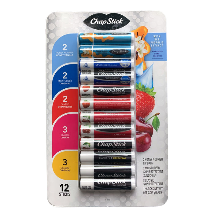 ChapStick Variety Pack Original, Strawberry, Cherry, Moisturizer & Honey 12 ct.