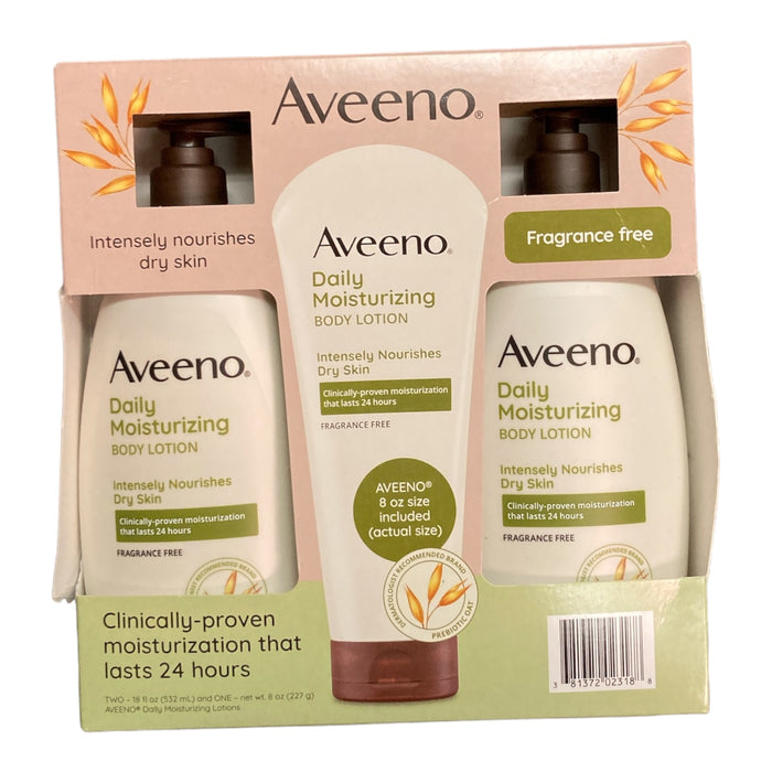 Aveeno Daily Moisturizing Body Lotion 18 Fluid Ounce (Pack of 2) + 8 Ounce Tube