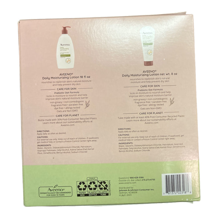 Aveeno Daily Moisturizing Body Lotion 18 Fluid Ounce (Pack of 2) + 8 Ounce Tube