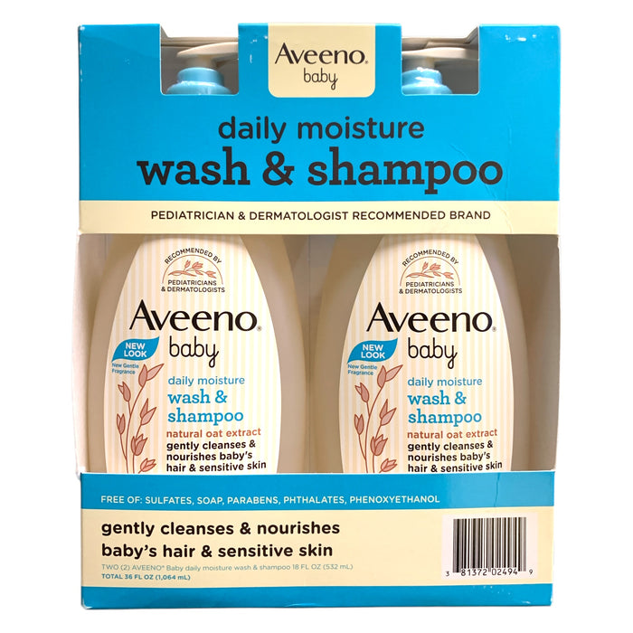 Aveeno Baby Daily Moisture Wash & Shampoo, 2 Pack, 18oz each, Lightly Scented