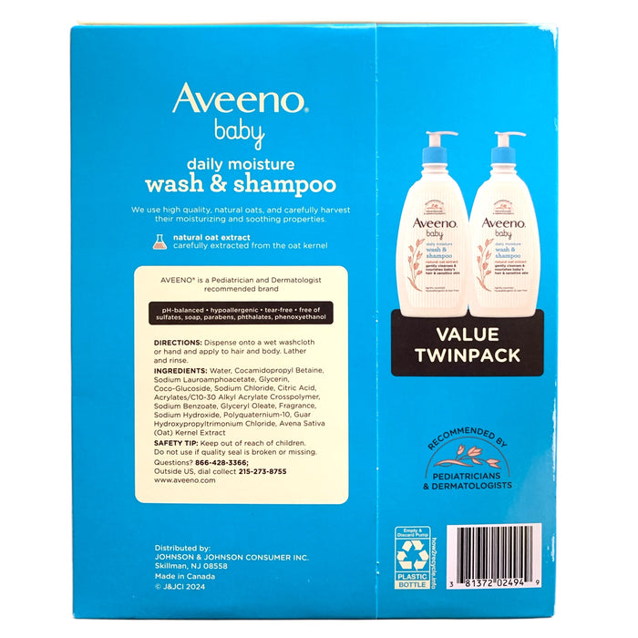 Aveeno Baby Daily Moisture Wash & Shampoo, 2 Pack, 18oz each, Lightly Scented