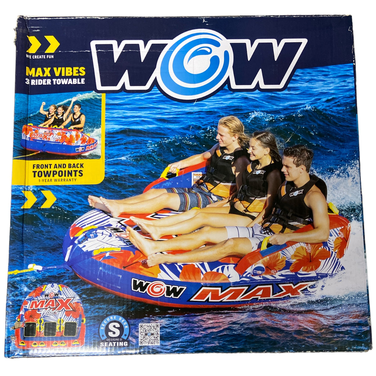 WOW Sports Inflatable Max Vibes Americana Towable Tube for 1-3 Riders ...